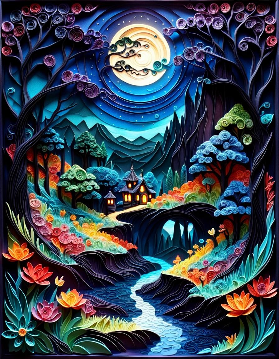 Mythic Nocturnal Fantasy Landscape in Paper Quilling