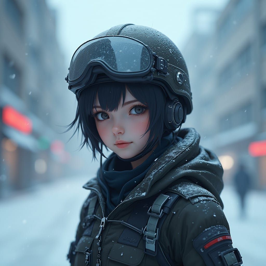 Scifi Soldier Anime Girl in a snow storm...