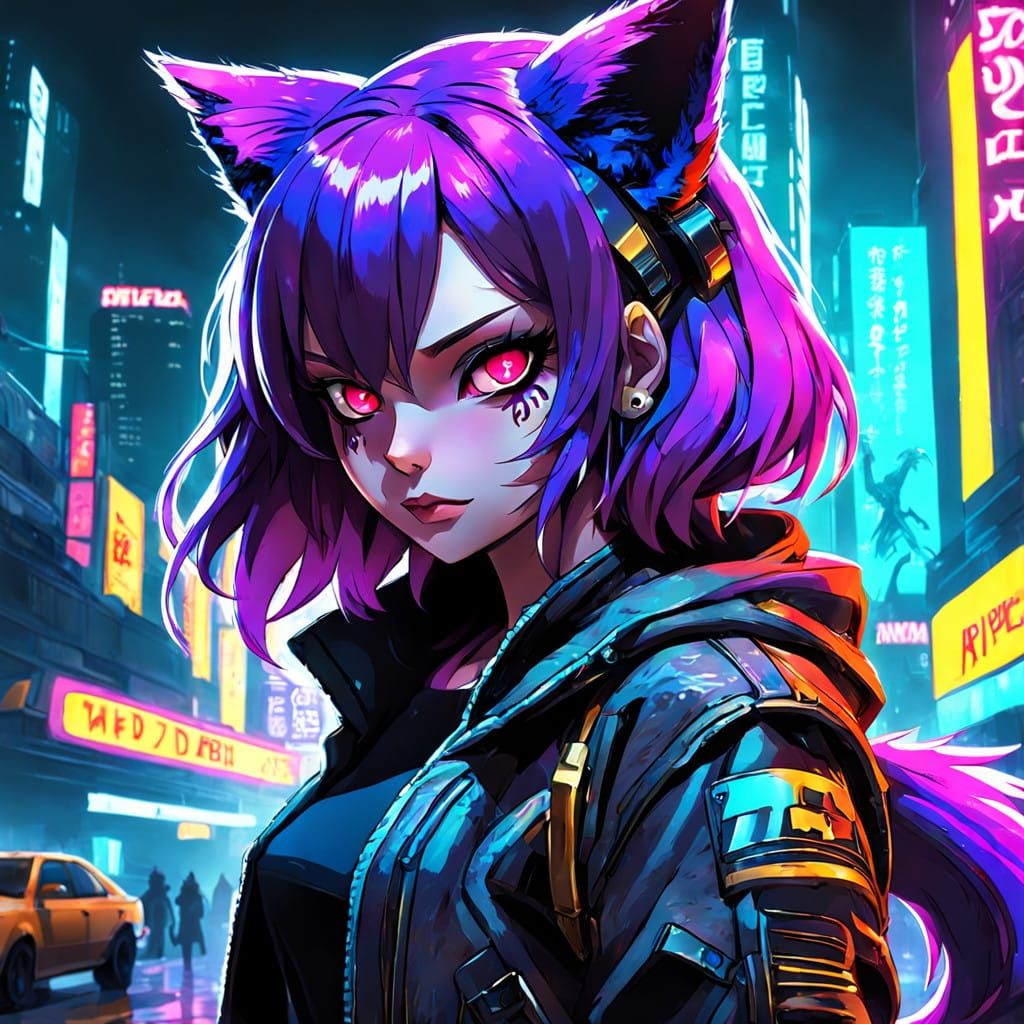 Cyberpunk Catgirl with Red Eyes and Purple Hair