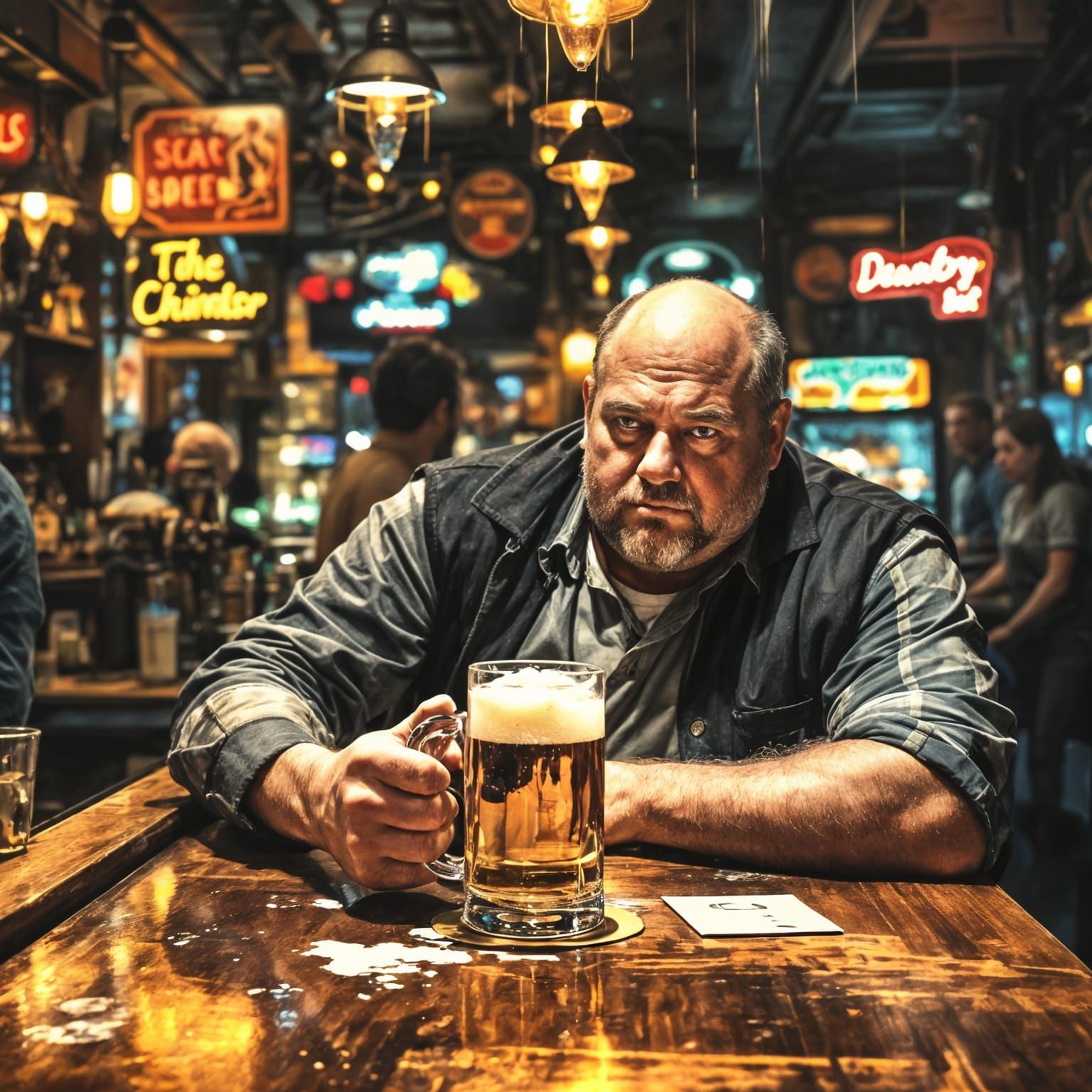Overweight Barfly Enjoys Favorite Beer in Low-Lit Neighborho...