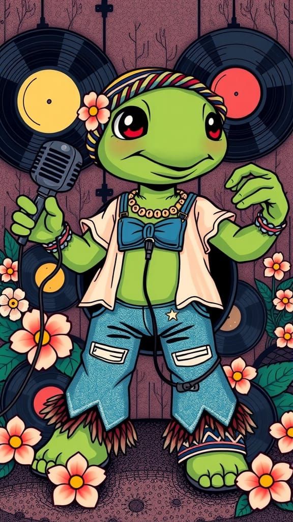 Singing Turtle Toddler in Whimsical Chibi Style
