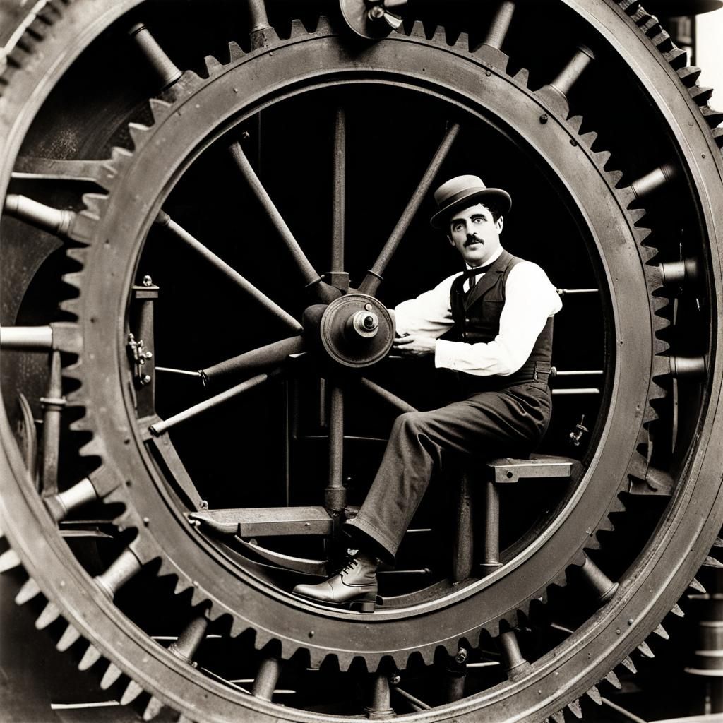 Chaplin on Cogwheel: A Whimsical Daguerreotype