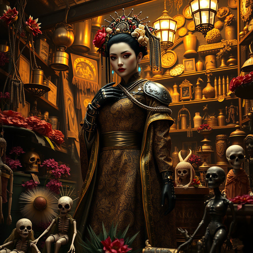 Cyberpunk Geisha in Klimt Gown with Voodoo Elements