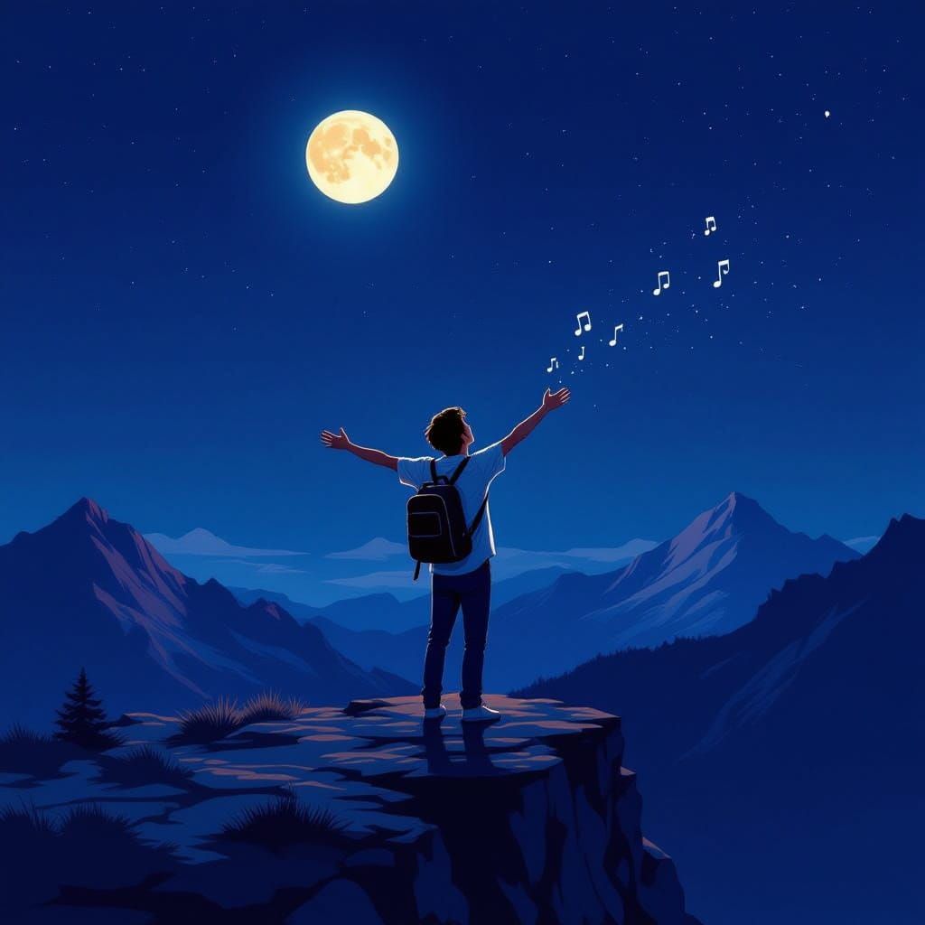 Young Musician Reaches for Dreams Under the Moonlit Night