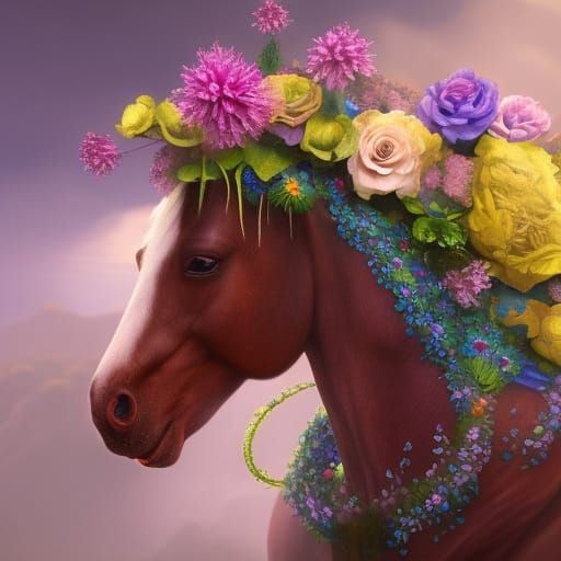Horse Wearing a Crown of Flowers in Detailed Painting