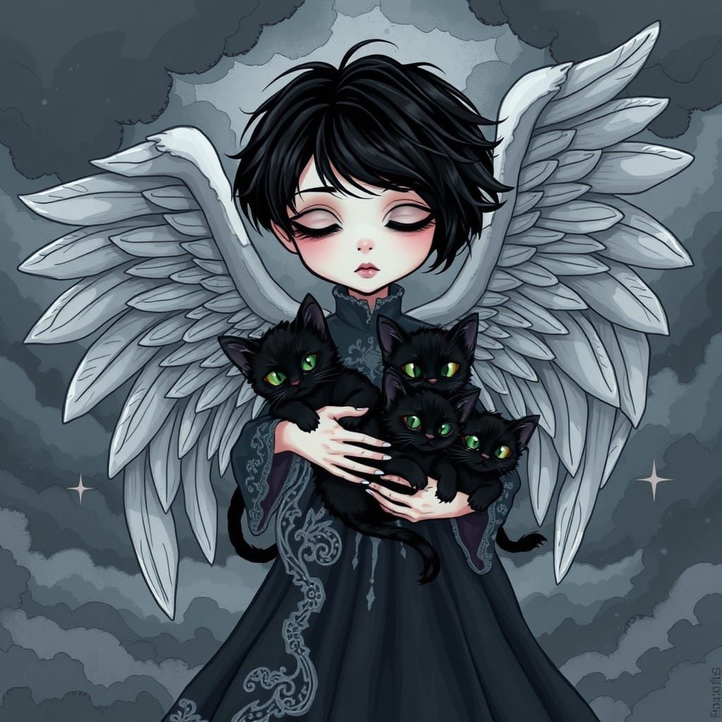 Melancholic Angel Cuddles Kittens in Dark Stormy Skies Carto...