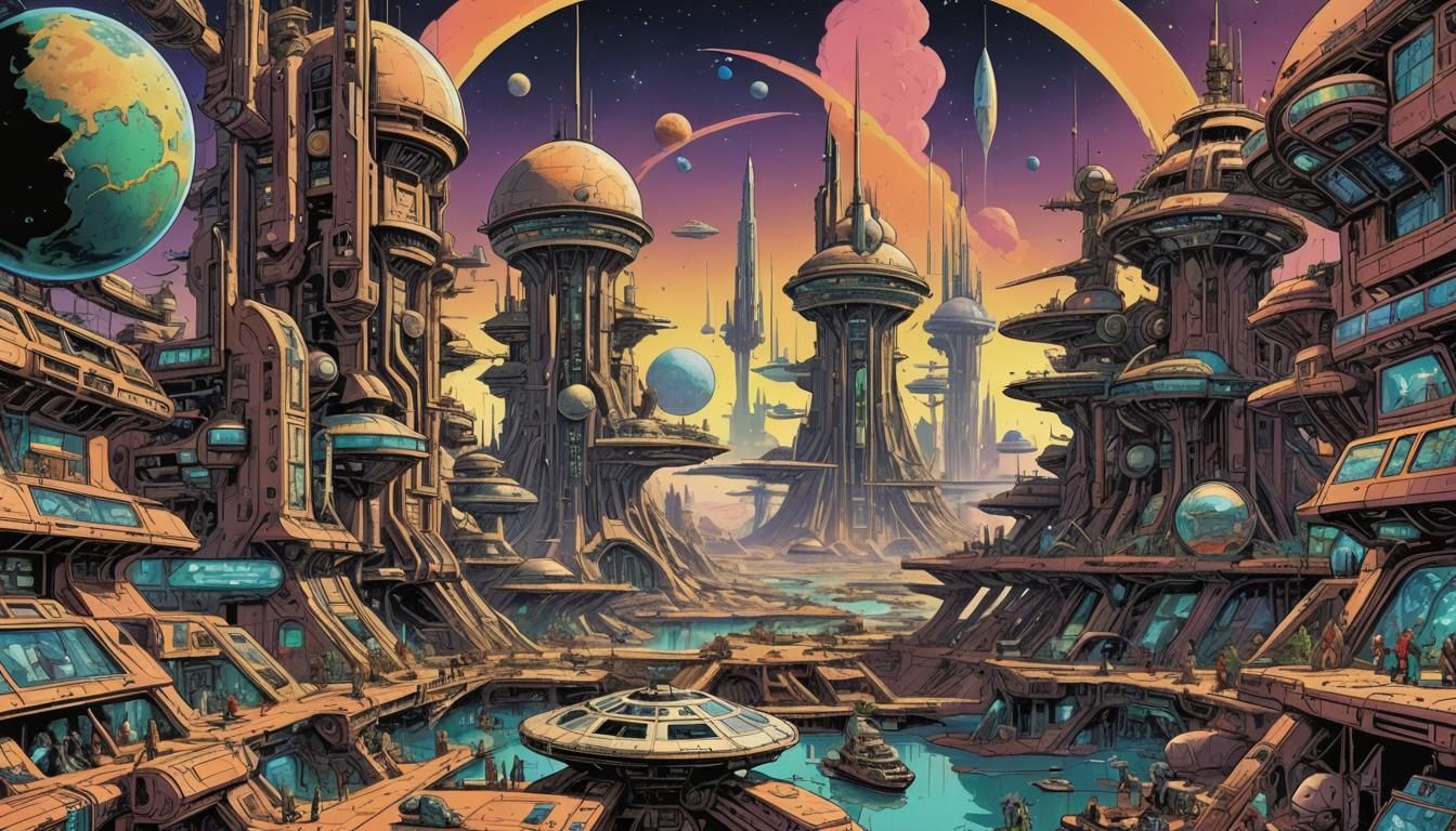 Alien Space Base City in Comic Book Style