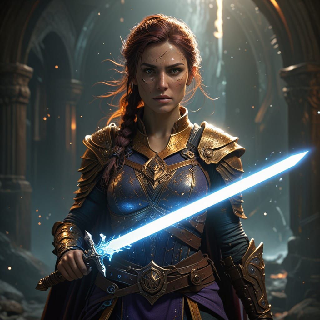 Mystical Sorceress Wields Glowing Sword in Epic Fantasy Scen...
