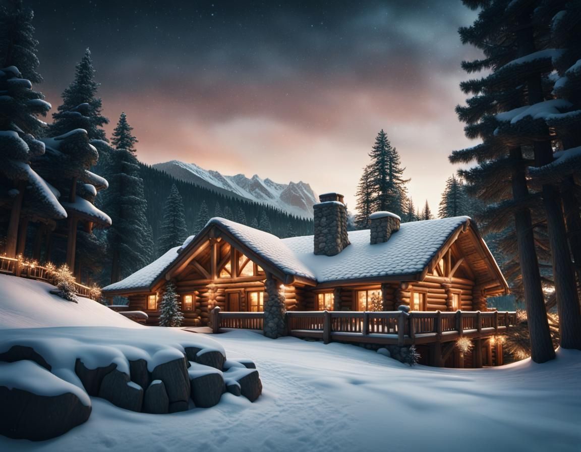 Majestic Snow Lodge in Winter Night