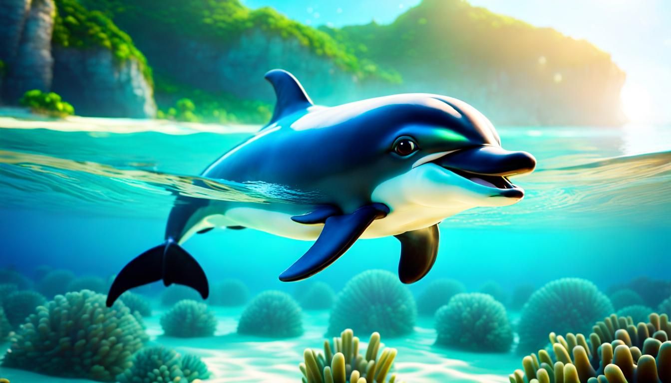 cute and adorable baby dolphin extra large sparkling eyes swimming happily smiling with giant sparkling eyes in an ocean...