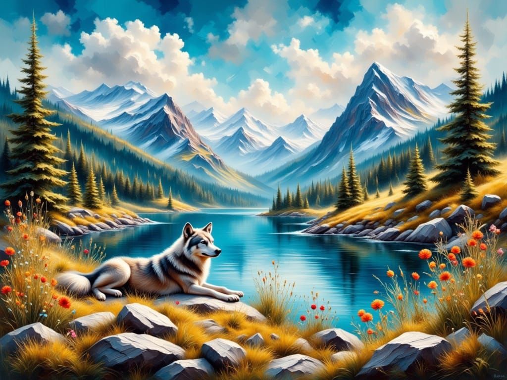 Wolves in Mountain Landscape Oil Painting