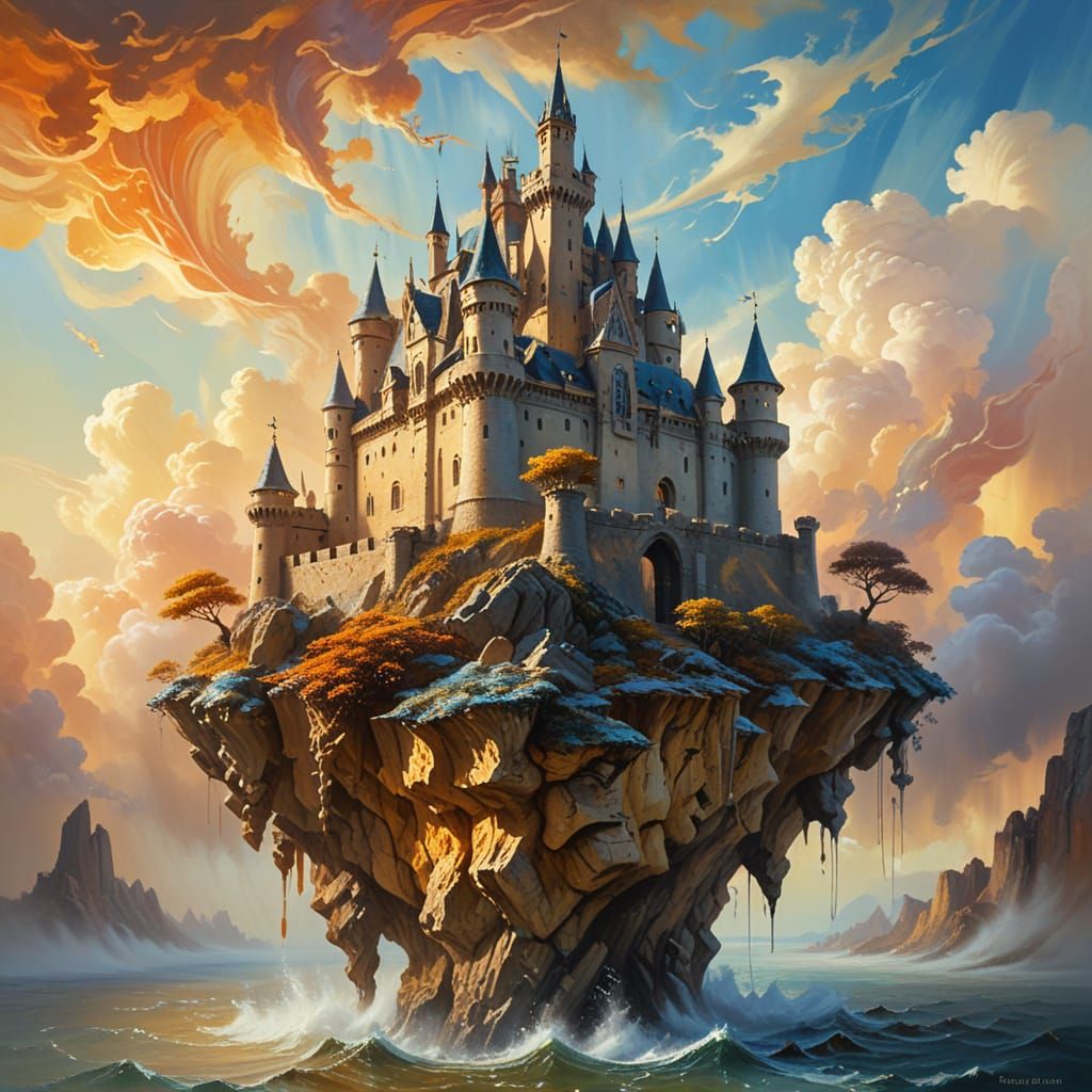 Surreal Castle in the Sky with Dreamy, Melting Stone Walls a...