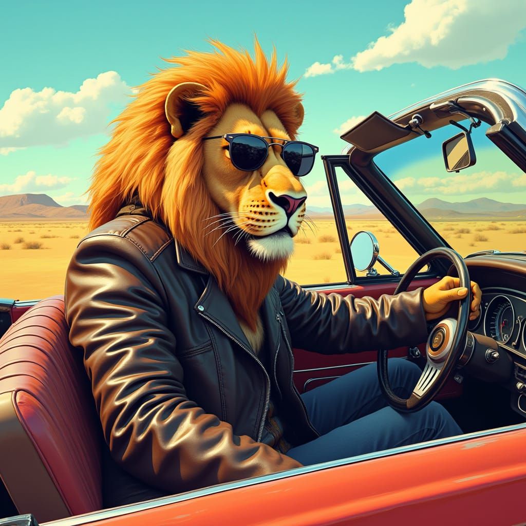 Lion Drives Convertible in Vibrant Digital Art Style