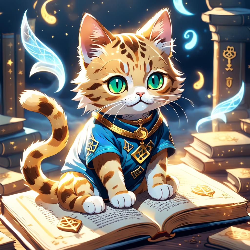 Cute Tabby Cat with Mystical Book, Anime Style