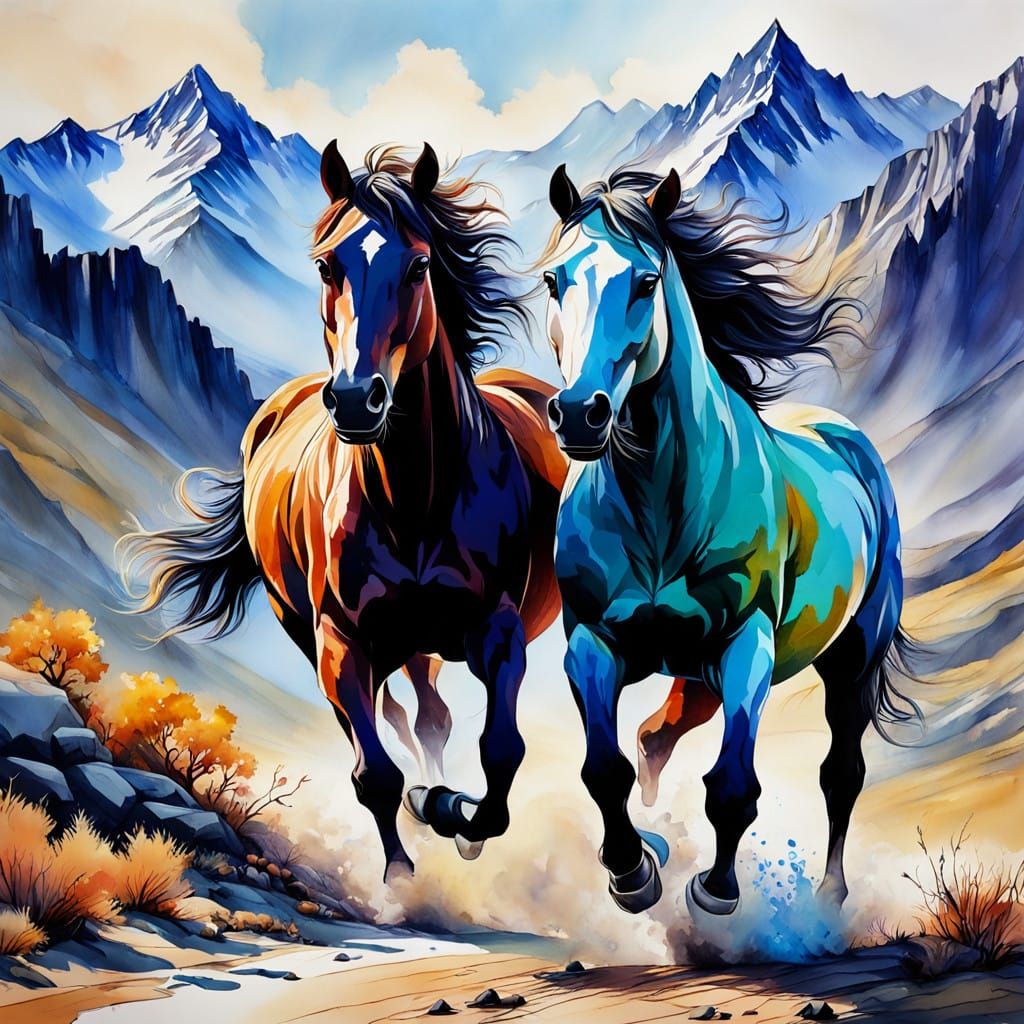 Vibrant Horses Gallop in Majestic Mountain Landscape