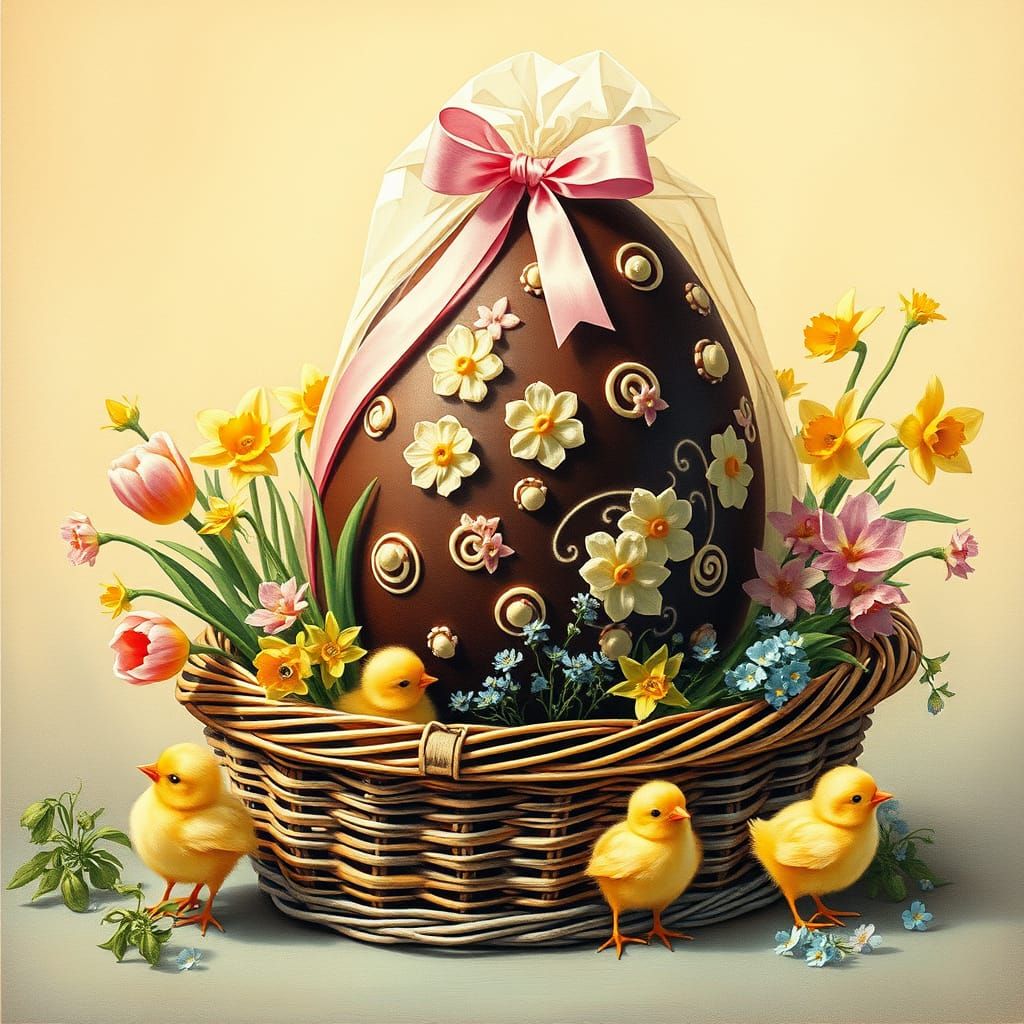 Victorian Easter Scene with Chocolate Egg and Spring Flowers