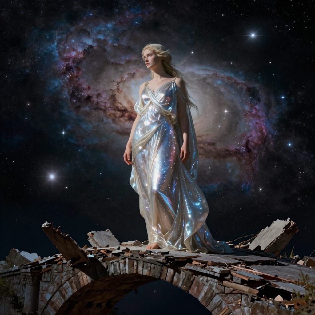 Ethereal Goddess Overlooking Cosmic Sky on Ancient Bridge