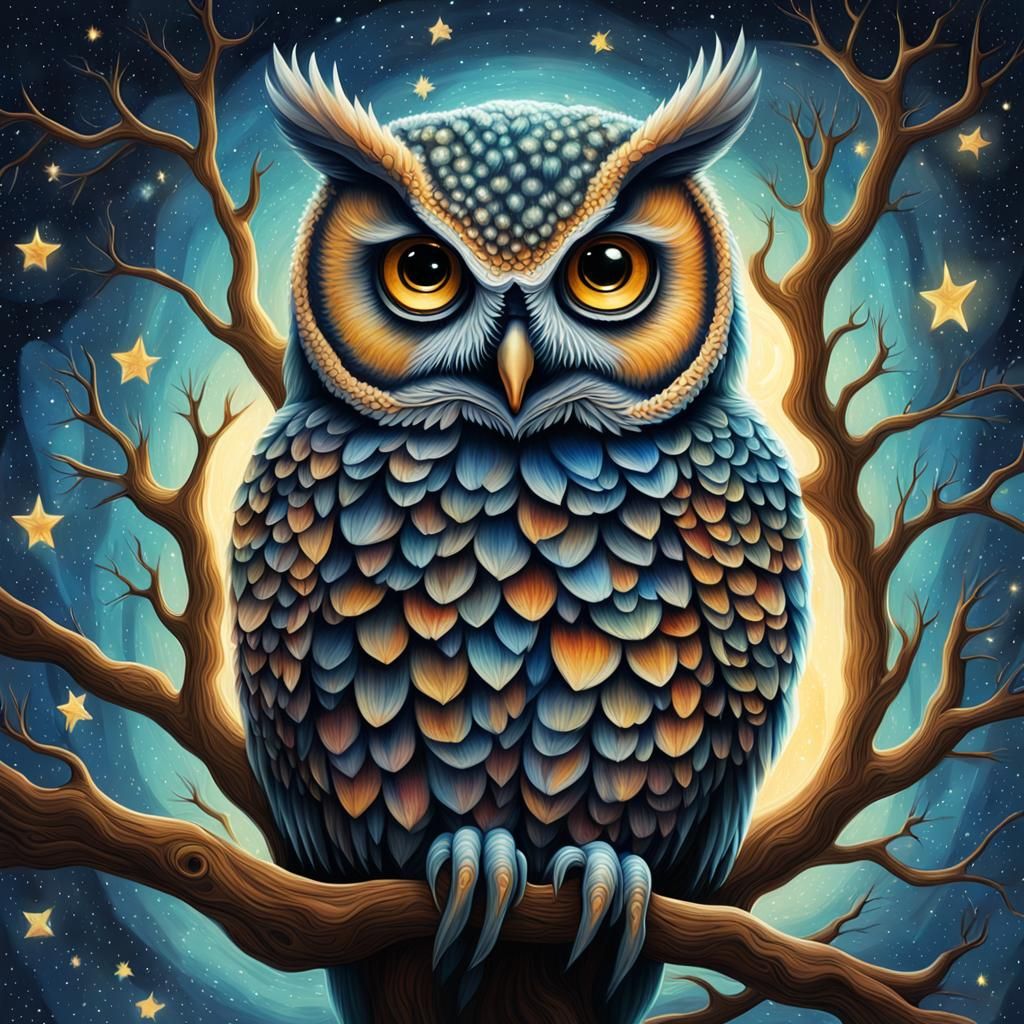 Pop Surrealism Owl in Starry Night Sky