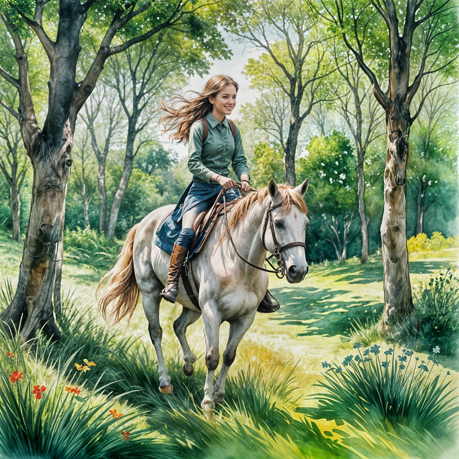 Happy Girl Horseback Riding in Nature