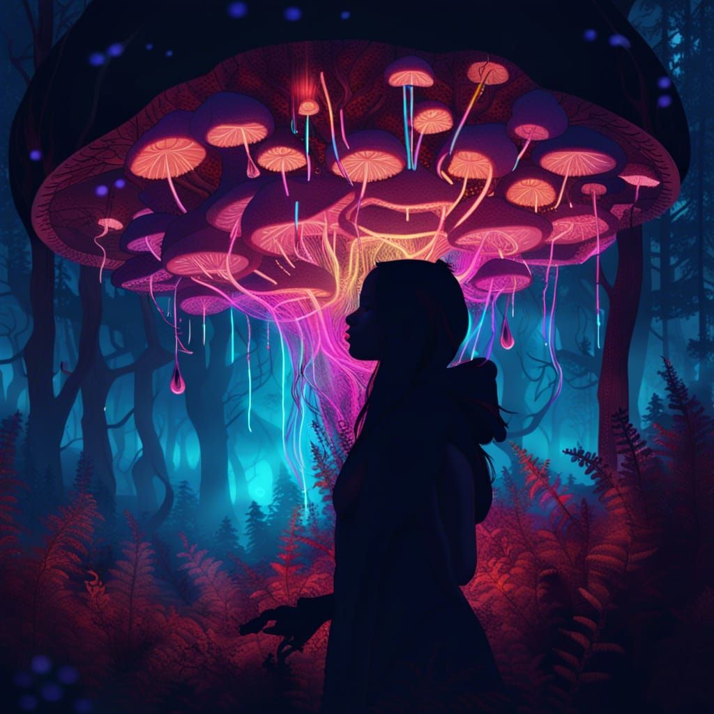Woman in Mushroom Forest with Dreamcatcher: Fantasy Art