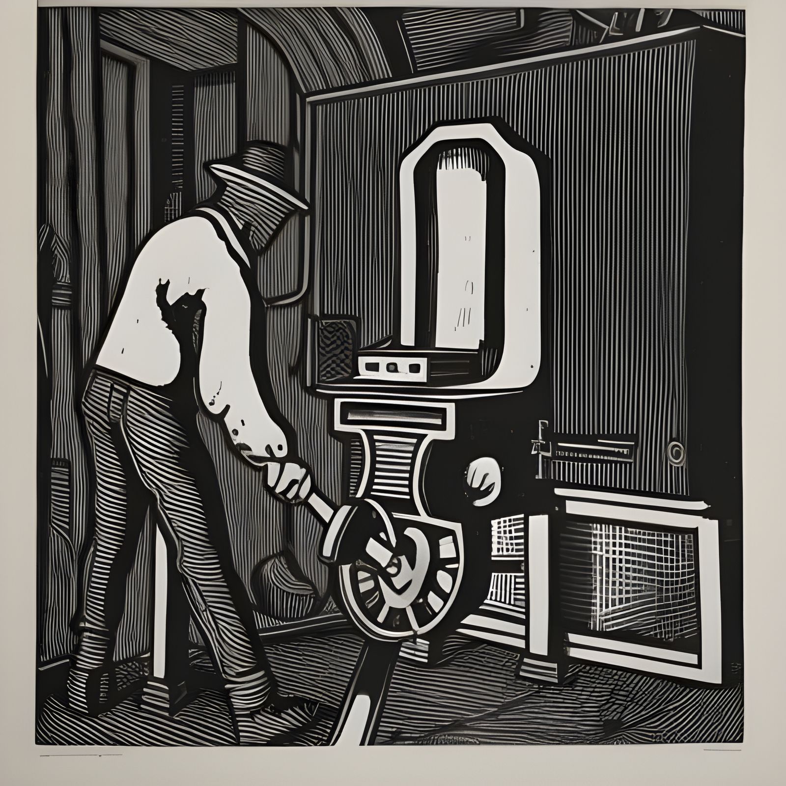 Checkered Workers Forging Wheel in Linocut Style