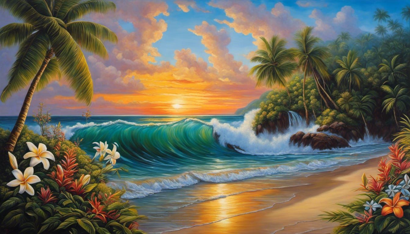 Lush Tropical Beach and Waterfalls: Oil Painting
