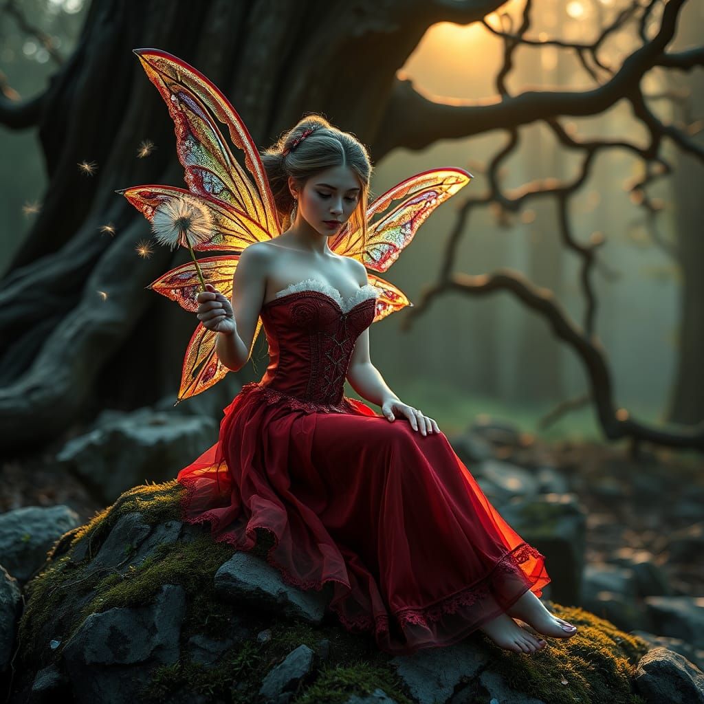 Fairy with Dandelion Seeds in Misty Forest