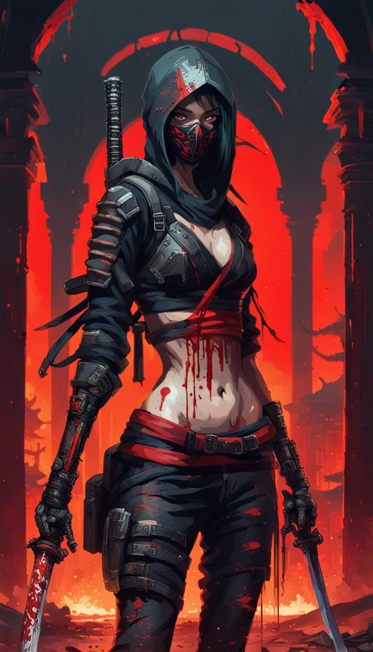 Cyberpunk Assassin with Katana in Burning Temple