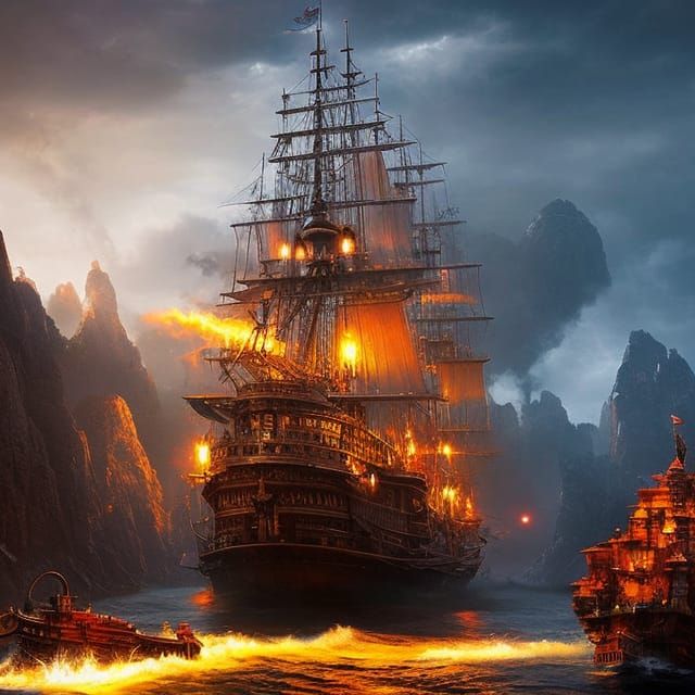 Pirate Ship Sailing to Floating Island in Digital Art