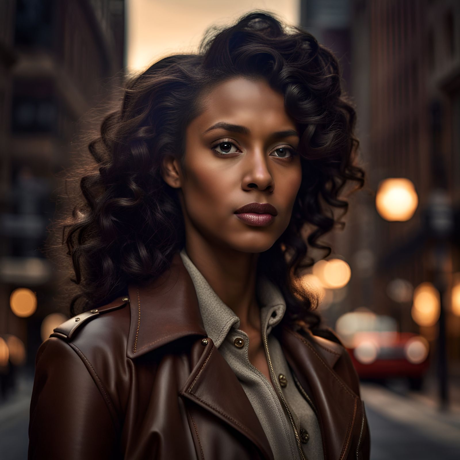 1940s Style Portrait of Woman in City at Dusk