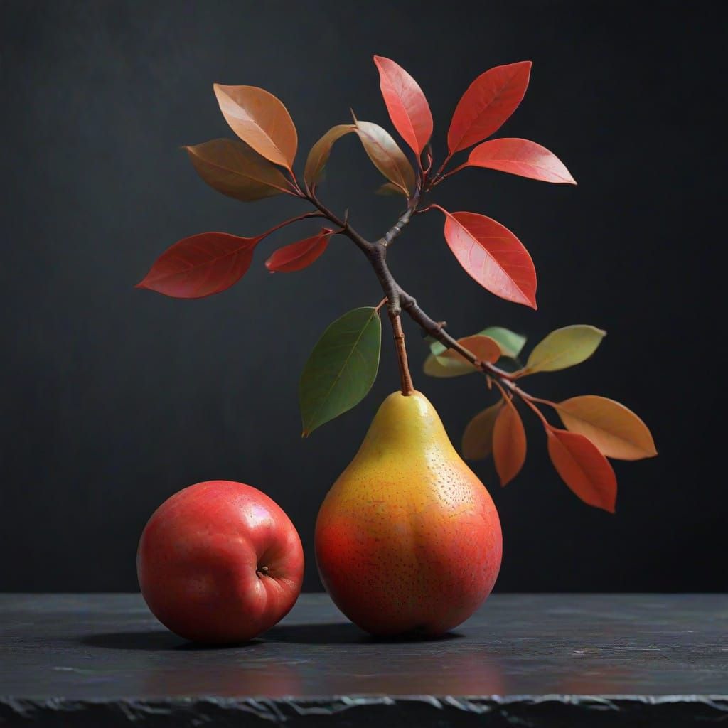 Elegant Pear and Red Leaves Still Life Oil Painting