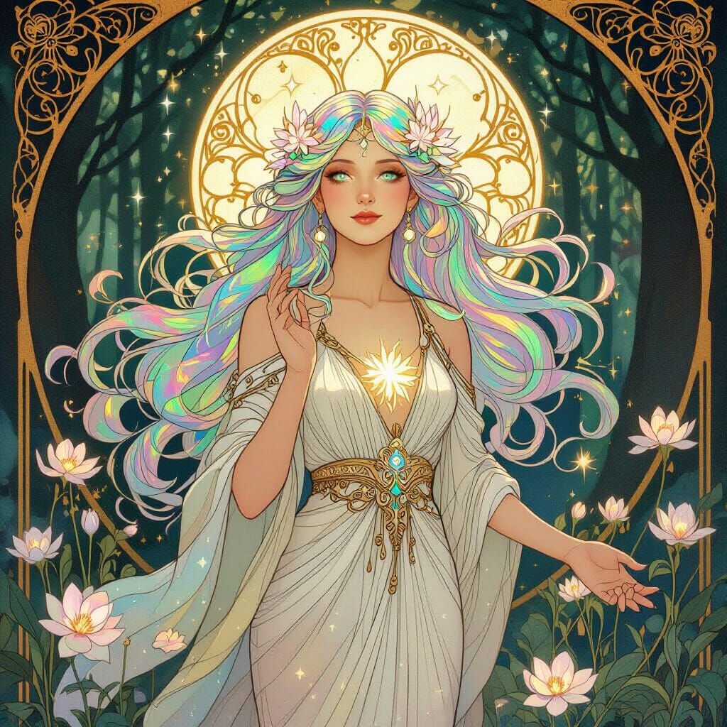 Celestial Goddess in Ethereal Forest, Art Nouveau Style