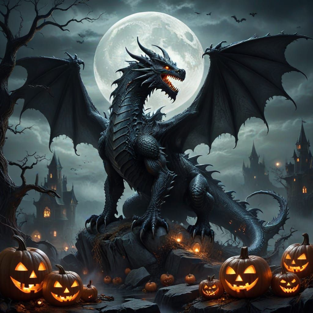 Fearsome Dragon Silhouetted Against Halloween Moon