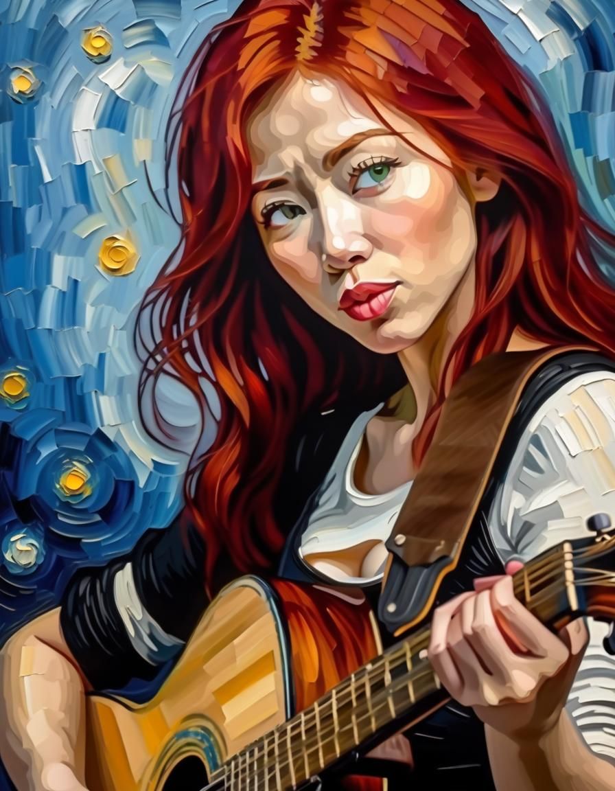 Japanese Woman Playing Guitar in Van Gogh Style