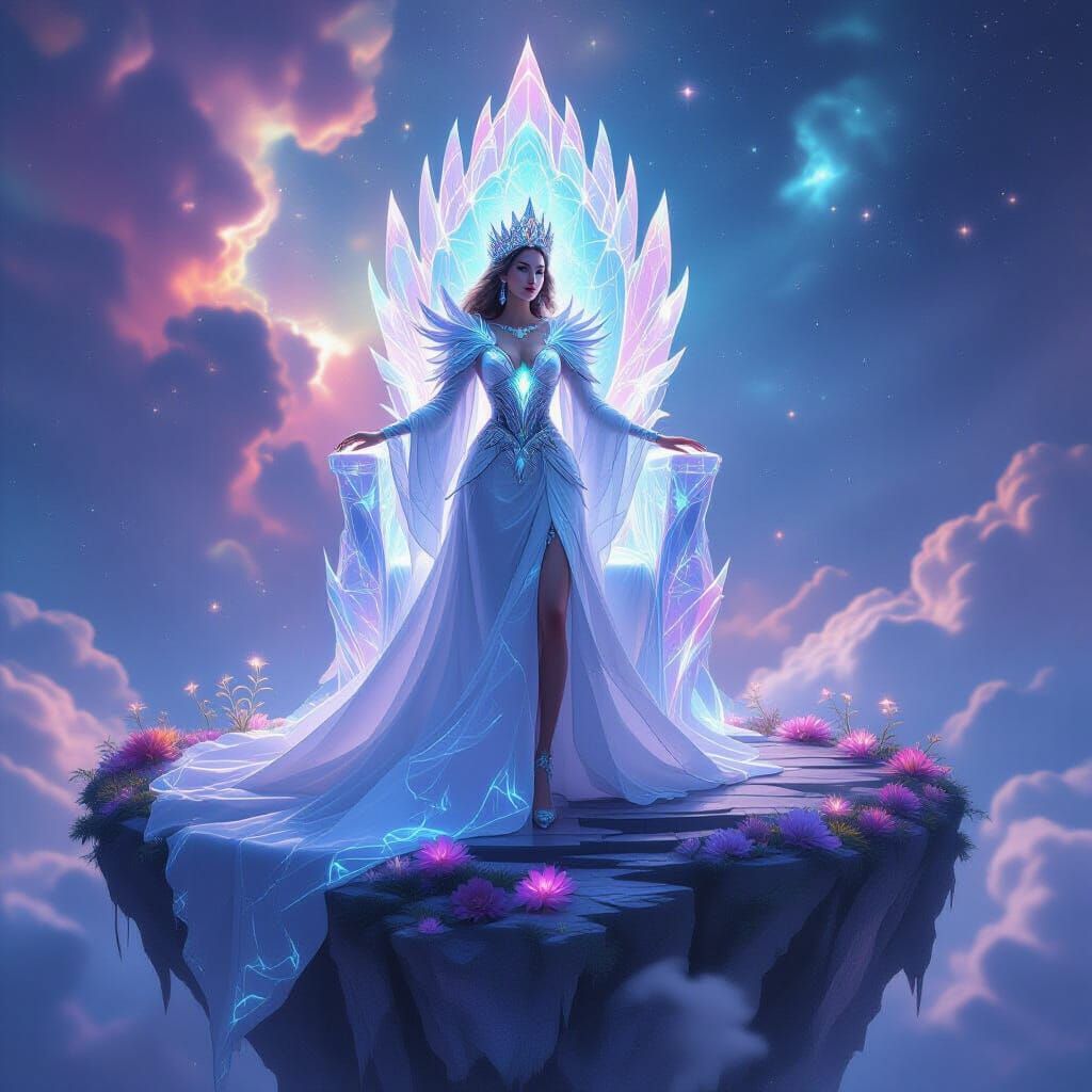 Bioluminescent Queen on Floating Island in Pastel Nebula