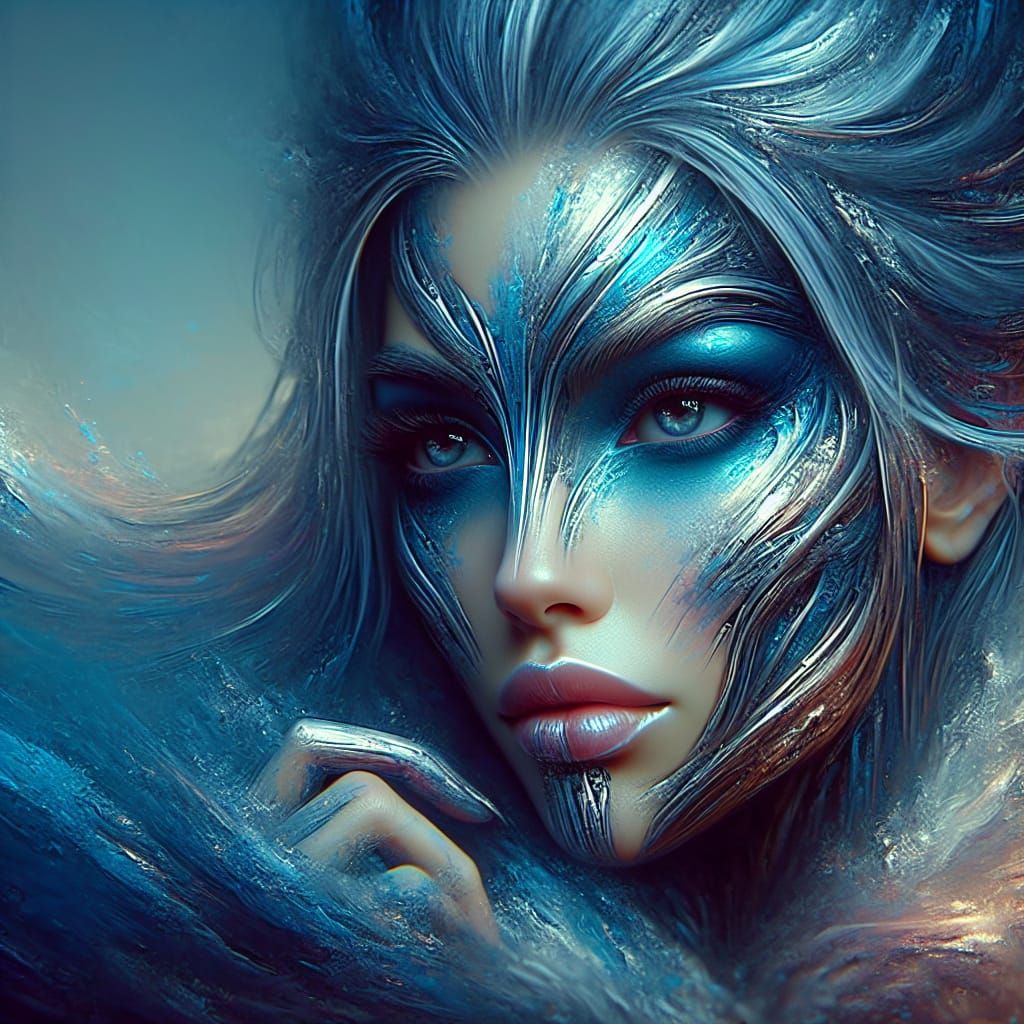 Metal-faced Woman with Blue Highlights in Matte Painting Sty...