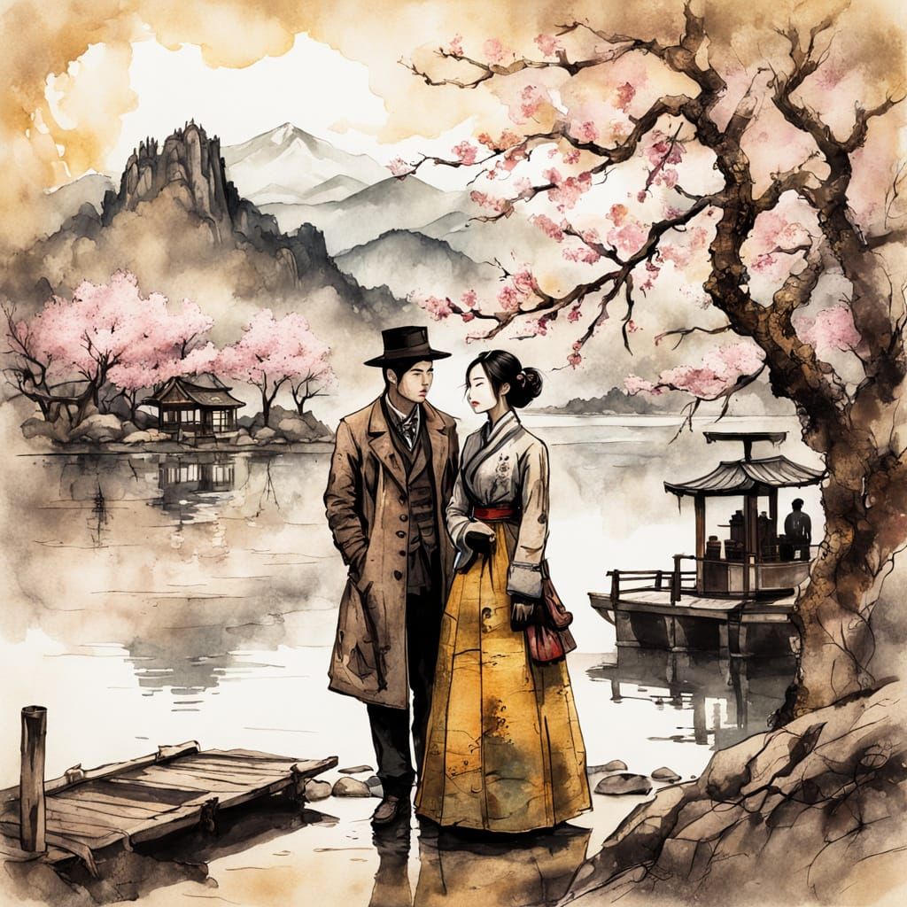 Whimsical Korean Couple in European-Inspired Ink Painting