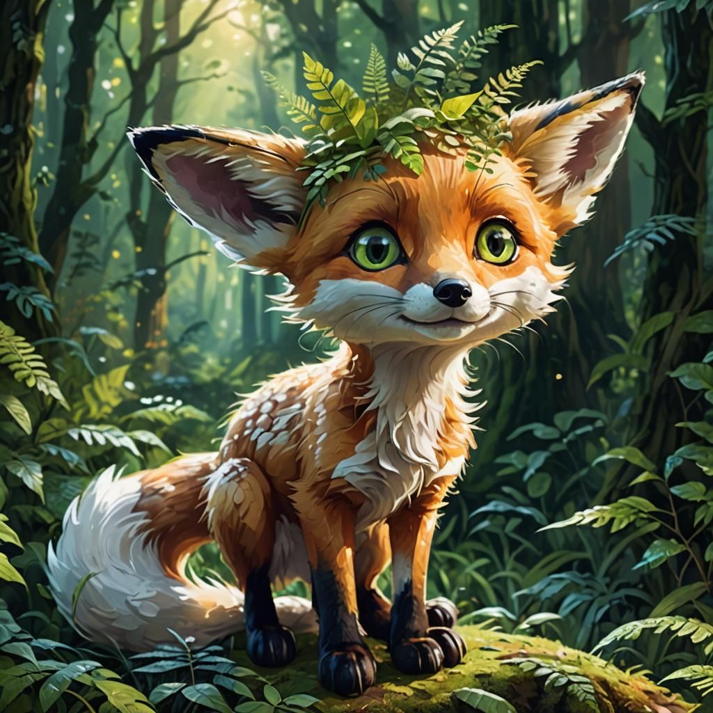 Cute Fox in Lush Forest: Whimsical Digital Painting