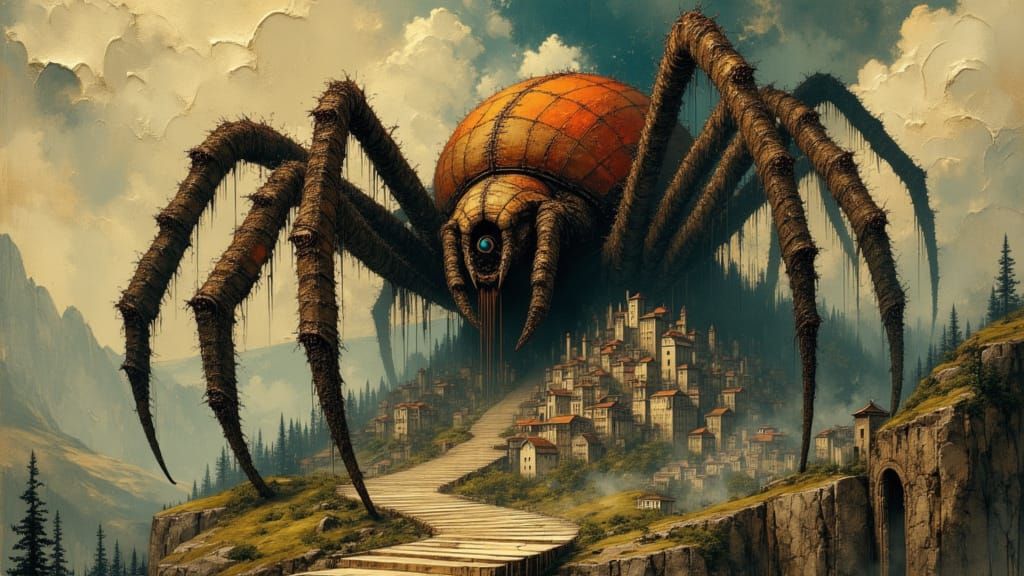 Giant Spider God Overlooking European Town in Fantasy Art St...
