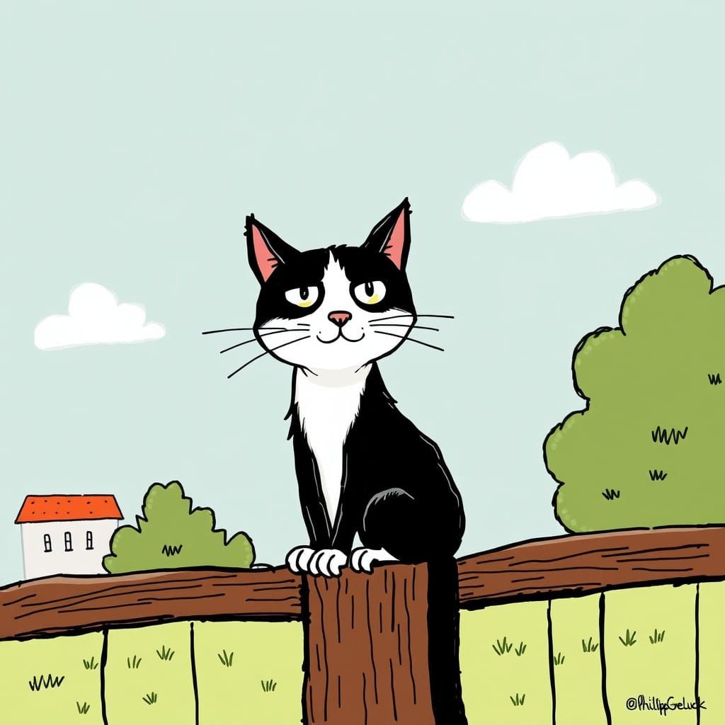 Whimsical Feline Scene on a Wood Fence