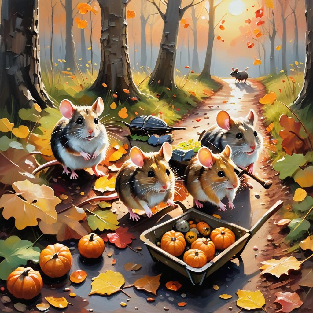 Mice Playing in Forest: Impasto Oil Painting