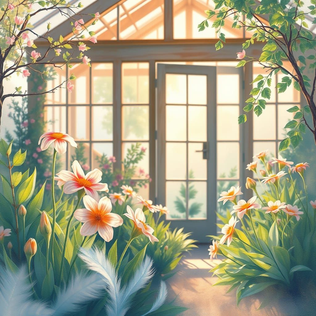 Whimsical Vintage Greenhouse Scene in Dreamy Retro Hues
