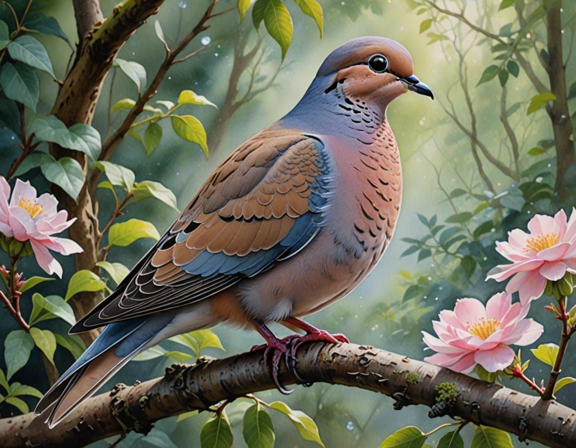 Ethereal Watercolor Portrait of a Mourning Dove in Fantasy