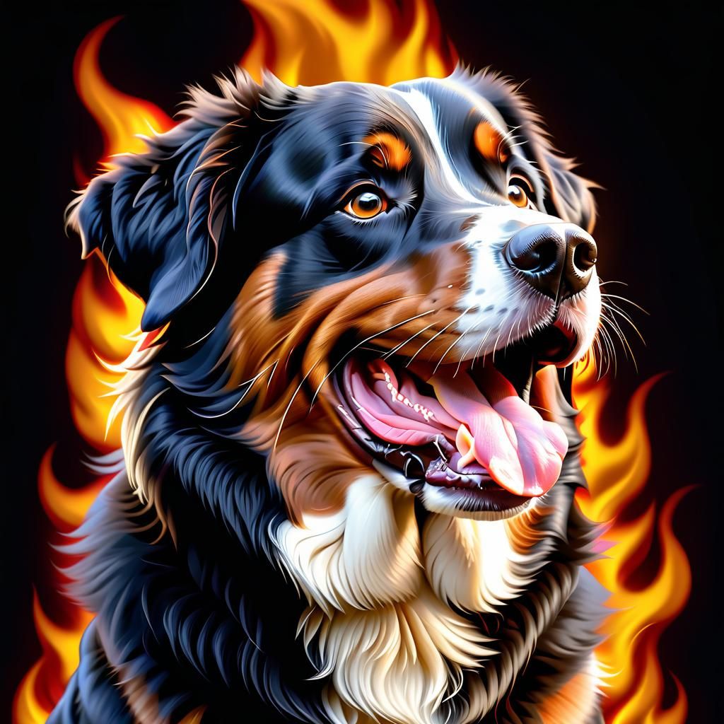Bernese mountain dog in fire