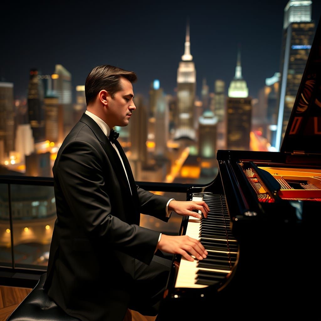Sophisticated Gentleman Plays Piano Under City Lights