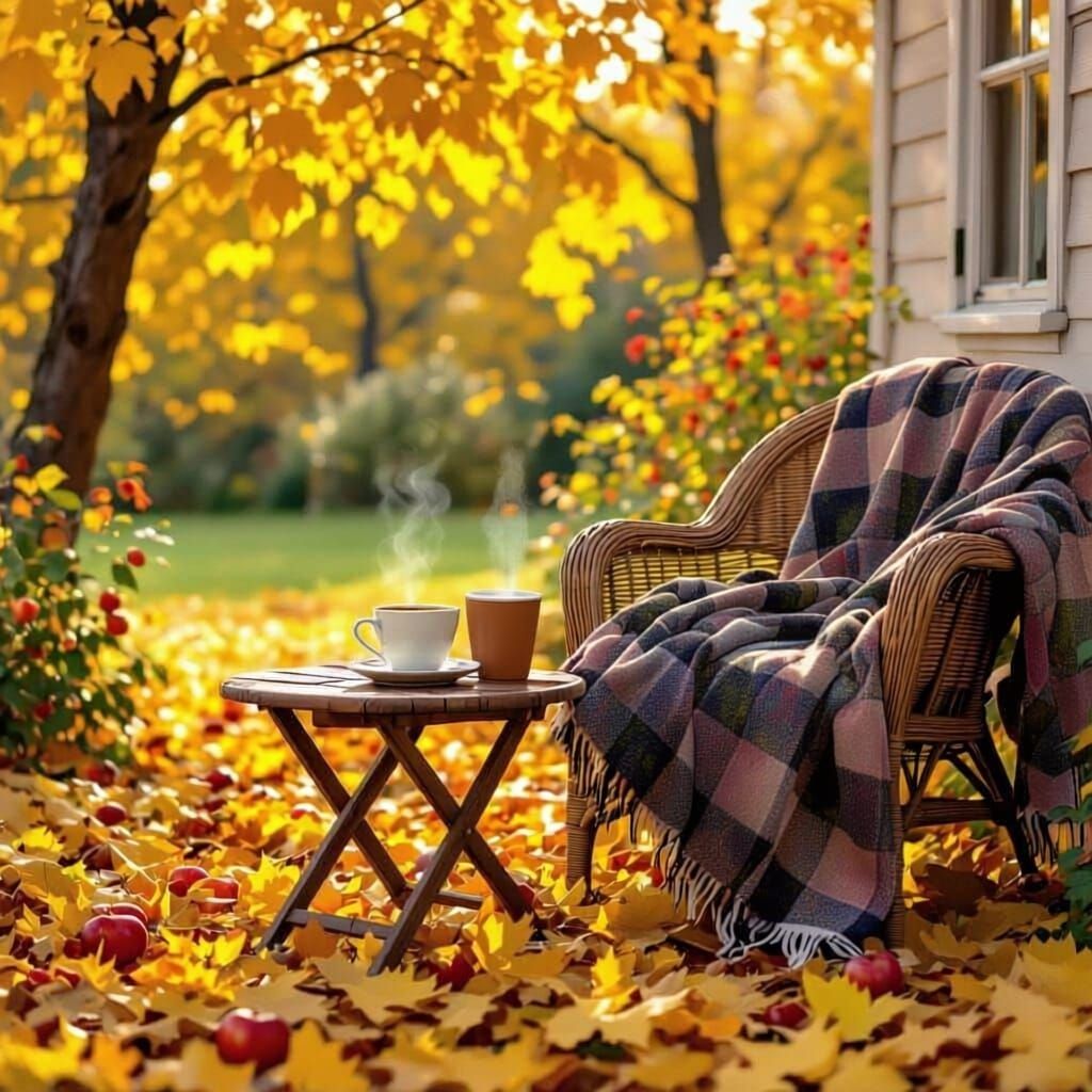 Cozy Autumn Coffee Scene in a Sunlit Garden