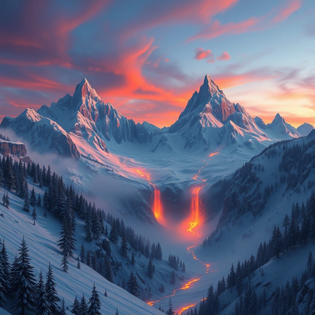 Majestic Snowy Peaks in Vibrant, Deep Blue-Purple Twilight