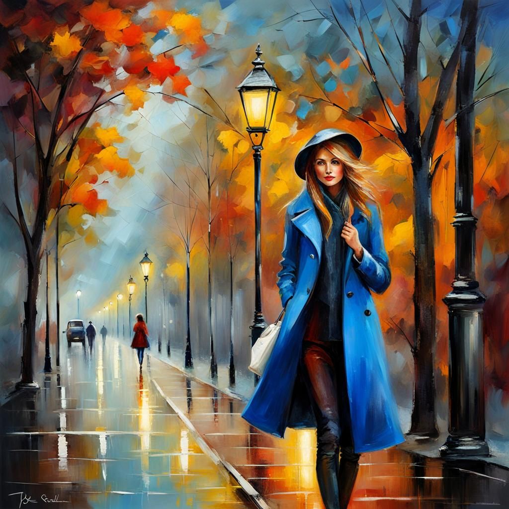 Woman in Blue Coat on Rainy Autumn Evening