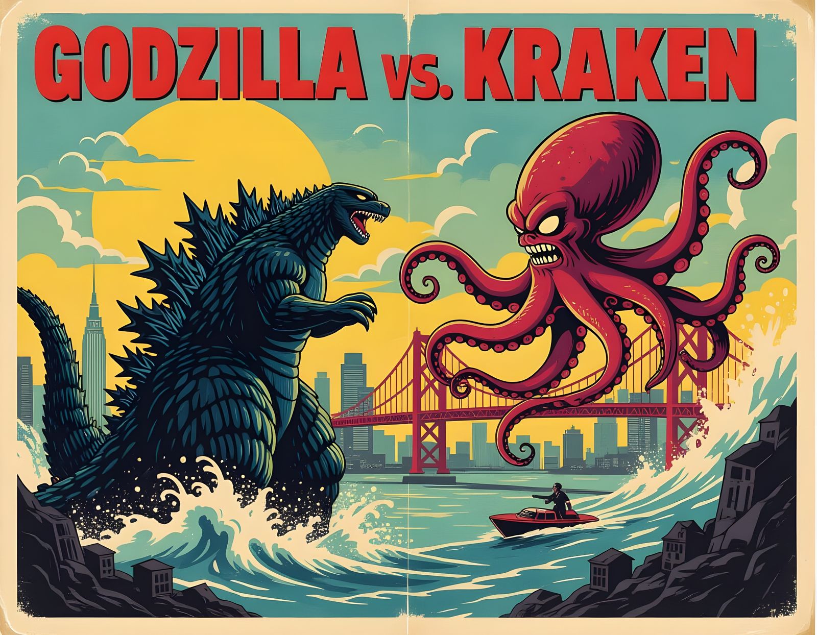 Godzilla vs Kraken: Vintage Cartoon Battle