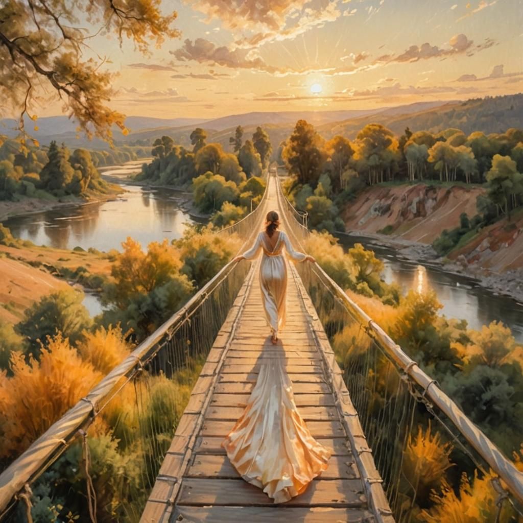 Woman on Bridge in Dreamy Impressionism Style